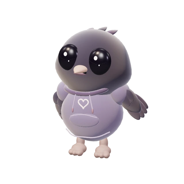 Krow, your little bird companion, wearing his favorite hoodie